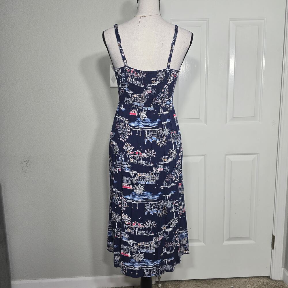 Old Navy Blue Scenic Print Midi Dress Sz S Strapy sleeves Tropical Resortwear - Picture 2 of 8